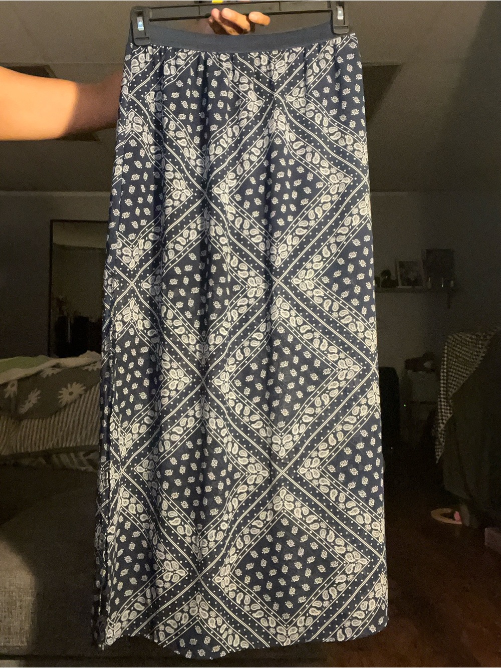 Navy Blue Bandana Paisley Maxi Skirt - Elastic Waist - Boho Western Y2K